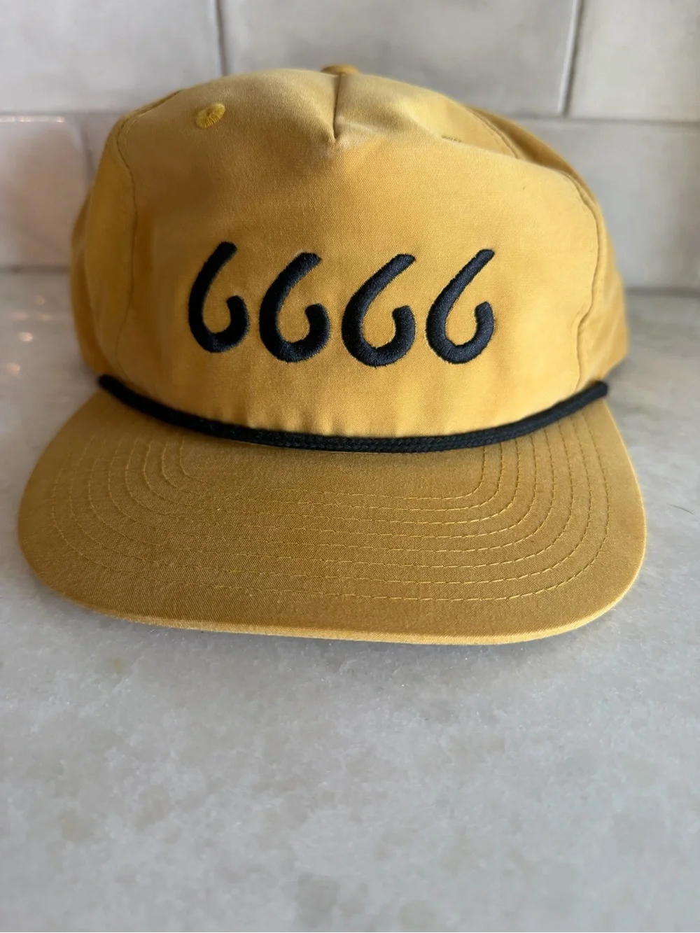 Four Sixes Mustard Yellow Rope-Trim Cap with Black Embroidered Design